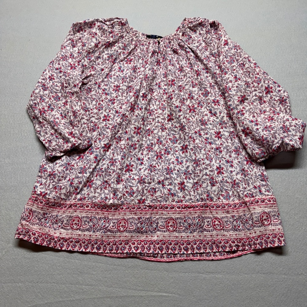 Chaps Womens Large Red Blue Floral Paisley Cotton Gauze Peasant Blouse Top